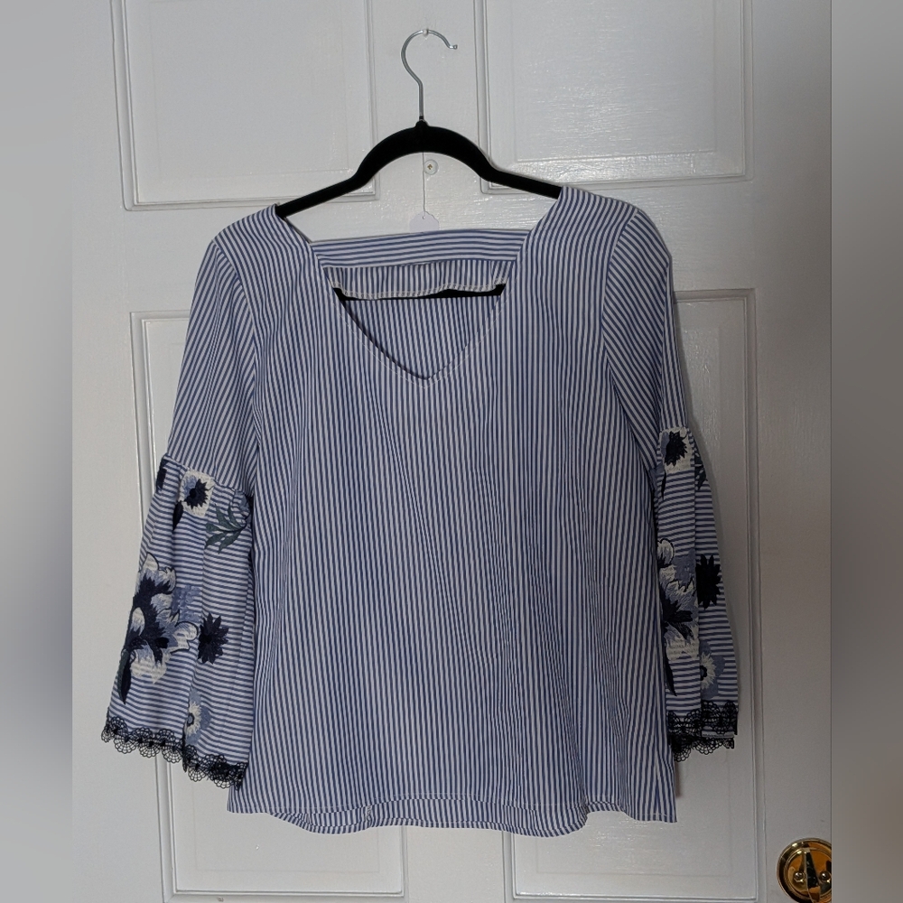 Joseph Ribkoff Blue & White Striped Blouse Floral Embroidered Sleeves - Picture 5 of 5